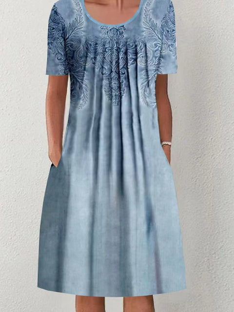 Frühling/Sommer Blumen bedrucktes Rundhals-Taschen-Mittellanges Kleid für Damenbekleidung m300037