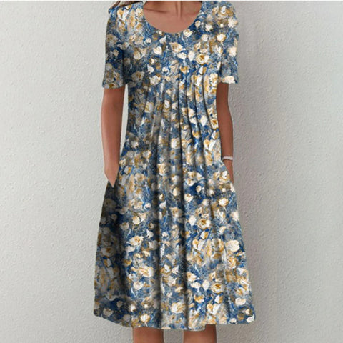 Neues lässiges Kurzarmkleid mit Rundhalsausschnitt und Print m300930 