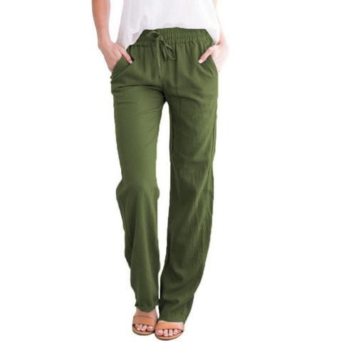 Solid color cotton and linen loose drawstring casual wide-leg trousers women's m301572
