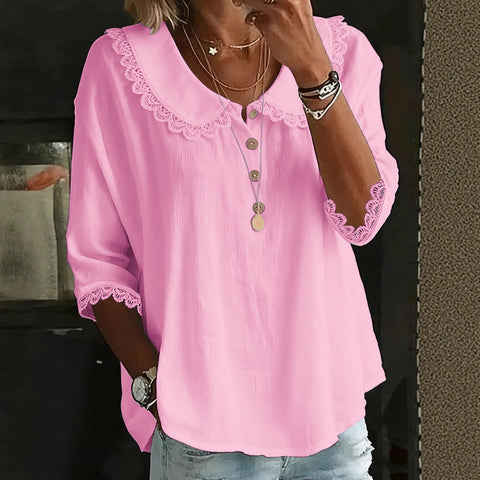 Women's casual loose fashion lapel lace solid color button-down shirt m302339