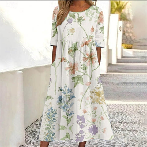 Robe longue décontractée à col ras du cou et manches courtes pour femme, imprimé 3D, taille plissée, style trapèze, m301299 