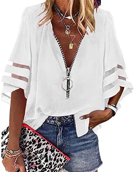 Chemise ample décontractée à col en V et manches mi-évasées avec fermeture éclair et maille pour femme M300887 