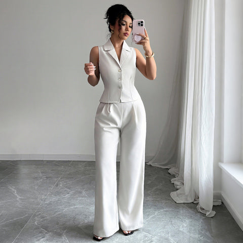 Costume deux pièces style vacances avec gilet et pantalon boutonnés pour femme m301389 