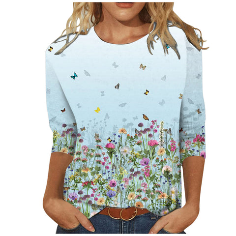 Damenbekleidung Rundhals 3/4 Ärmel Lose Print T-Shirt M300227 