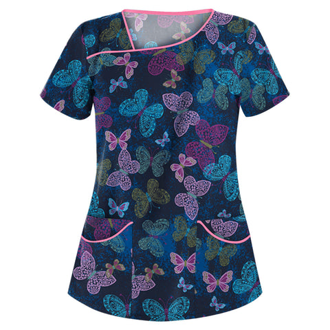 Printed V-neck short-sleeved pocket T-shirt women's top m301596