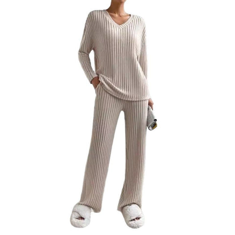 Gerade Hose Temperament locker V-Ausschnitt Grubenstreifen Strickbezug m301375 