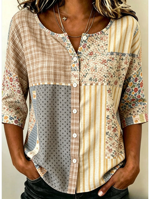 Women's Top Printed Casual Short Sleeve Collarless Shirt m303047