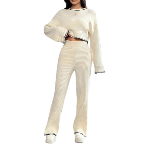 New fashion long-sleeved knitted top high-waisted wide-leg pants two-piece set m302090