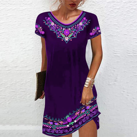 Robe décontractée imprimée à manches courtes et taille moyenne M300193 