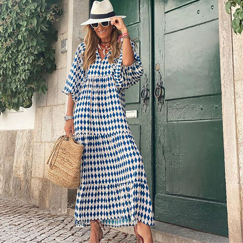 Robe à manches bouffantes à imprimé géométrique, jupe de rue frite m300902 
