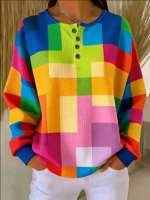 3D digital printing loose casual waffle stand-up collar long sleeve m303065