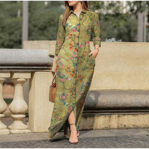 Robe décontractée pour femme, imprimée, avec poches, col à revers et boutons, longueur M300186 