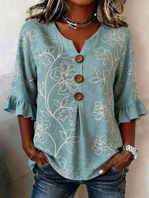 Small V-neck shirt flared sleeve printed button-down shirt m302753