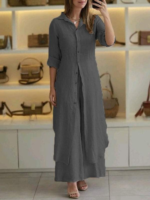 Elegantes Set aus eng anliegendem Langarmhemd und Hose aus Baumwolle und Leinen mit weitem Bein, m301063 