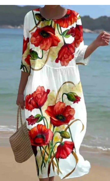 Lockeres, modisches, hochwertiges, langärmeliges Kleid mit Rundhalsausschnitt und Print m301053