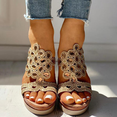 Bohemian rhinestone heel slippers women's summer platform large size round toe one line wedge heel fish mouth slippers m302362