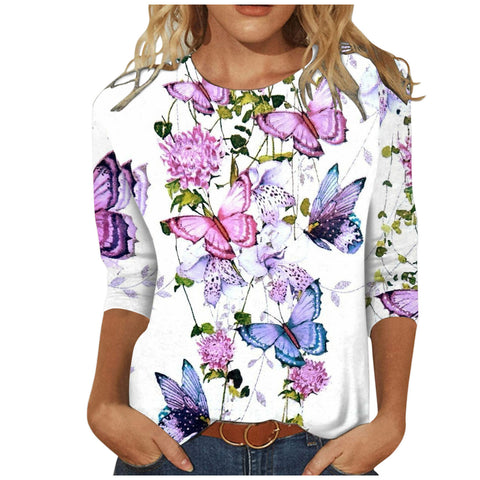 Damenbekleidung Rundhals 3/4 Ärmel Lose Print T-Shirt M300227 