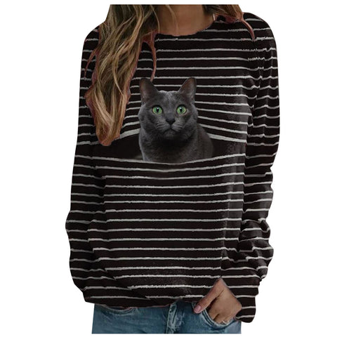 T-shirt décontracté à manches longues et imprimé chat, haut rayé m300513 