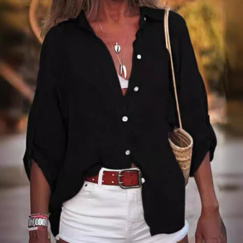 Women's Cotton and Linen Solid Color Loose 3/4 Sleeve Shirt M300358