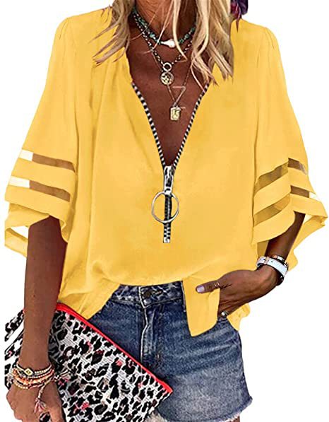 Chemise ample décontractée à col en V et manches mi-évasées avec fermeture éclair et maille pour femme M300887 