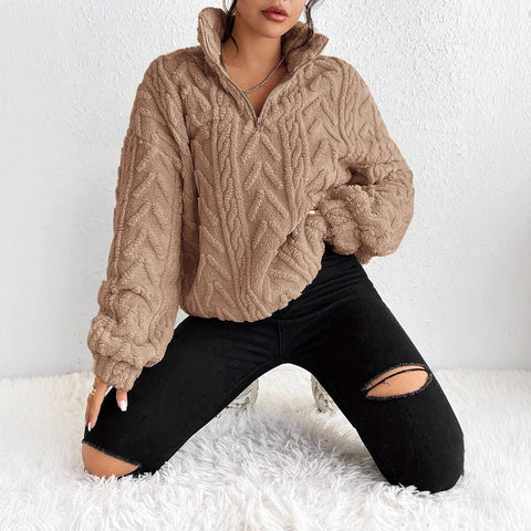Double-sided plush latte casual zipper pullover top m302162