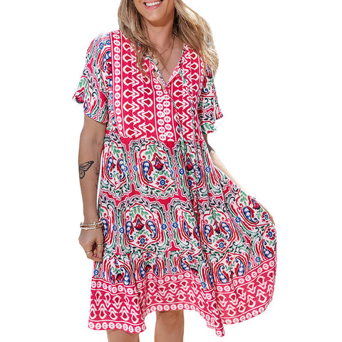 Neues Kleid mit V-Ausschnitt, modischer, lockerer Rock mit Bohème-Print, m300994 