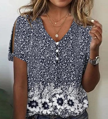 3D printed V-neck button-up T-shirt top daily short-sleeved m301263