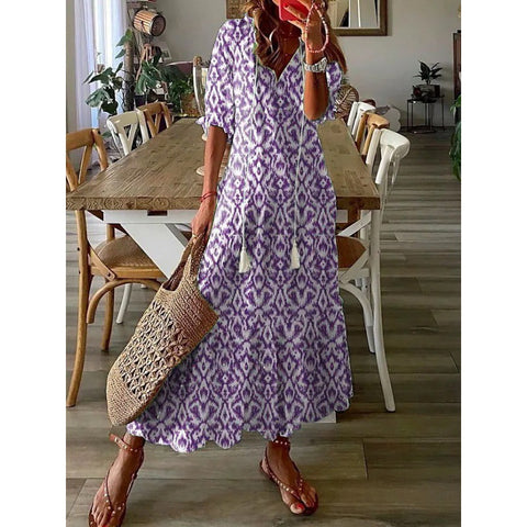 Floral V Neckline Half Sleeve Maxi A line Dress m161509014 (5827676)
