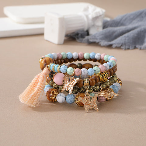 Nouveau bracelet bohème créatif à pompons et perles multicouches m3331286