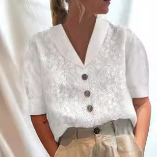 women's V-neck loose casual five-quarter sleeve embroidered top m301713