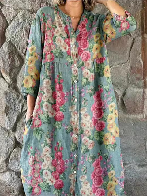 Lockeres Damen-Hemdkleid mit Rundhalsausschnitt, modisch, Premium, langärmlig, bedruckt, m301050