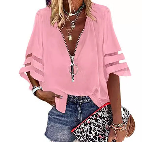 Chemise ample décontractée à col en V et manches mi-évasées avec fermeture éclair et maille pour femme M300887 