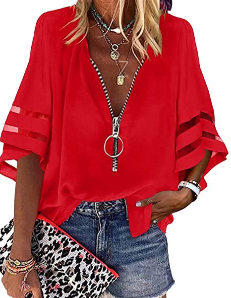 Chemise ample décontractée à col en V et manches mi-évasées avec fermeture éclair et maille pour femme M300887 