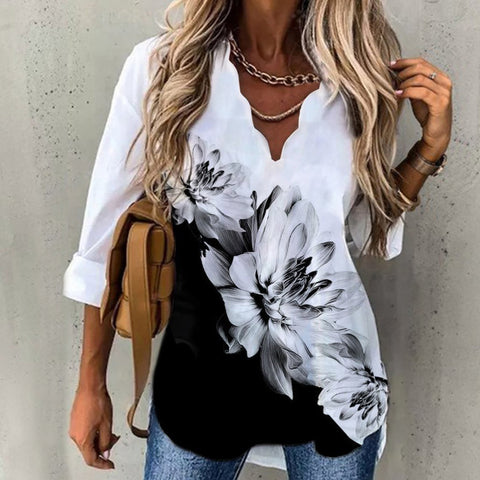 Chemise à col cannelé imprimée à manches longues pour femme M300215 