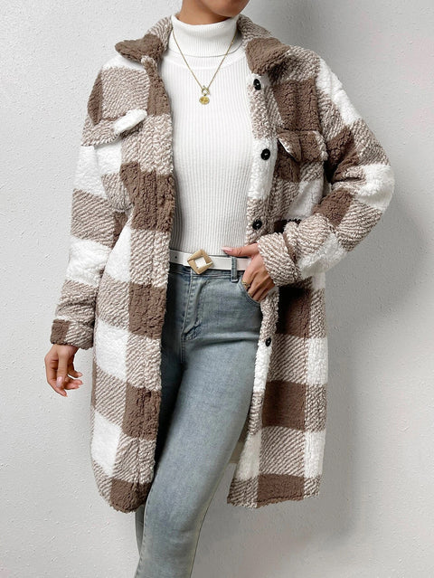 Veste à carreaux en peluche à revers ouvert pour femme, manteau long et ample, style banlieue, m300360 