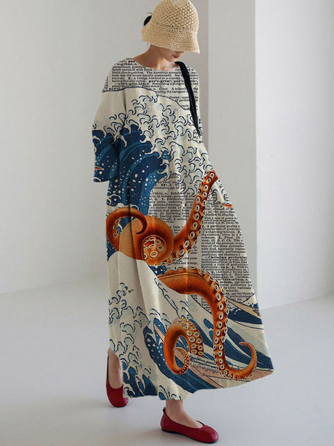 Lockeres, modisches, hochwertiges, langärmeliges Kleid mit Rundhalsausschnitt und Print m301054