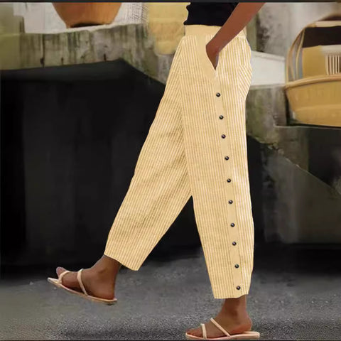 Fashion new printed striped button-up rubber band waist nine-point pants m301458