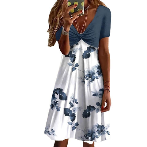 Bedrucktes, kurzärmliges, hoch tailliertes, gespleißtes Pendel-Freizeitkleid m300722 