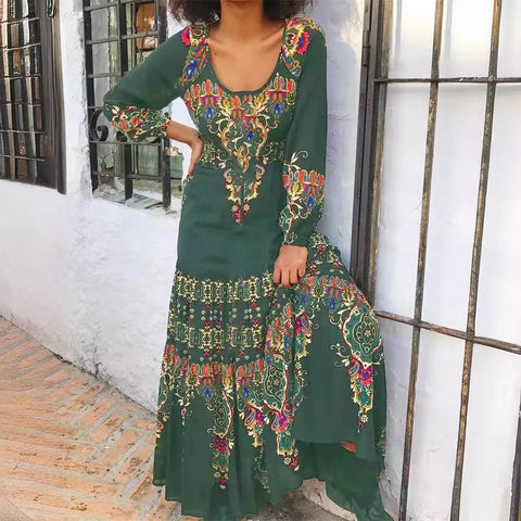 Temperament elegantes Langarmkleid Herbstdruck U-Ausschnitt Strandurlaubsstil langes Kleid m300927 