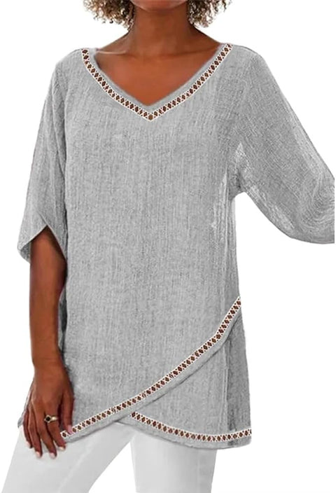 T-shirt ample à manches 3/4 et col en V pour femme, imprimé animalier et paysage naturel, m301289 