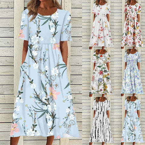 Sommer neues Damen-Swing-Kleid mit mittlerer Taille und lässigem Rundhalsausschnitt und Print m300040 
