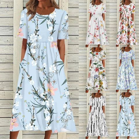 Sommer neues Damen-Swing-Kleid mit mittlerer Taille und lässigem Rundhalsausschnitt und Print m300040 