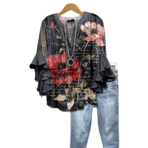Digital printing casual trend V-neck lotus edge T-shirt women's m302725-2