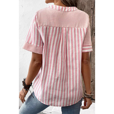 Women's open V-neck shirt asymmetrical striped splicing cotton and linen top m302709