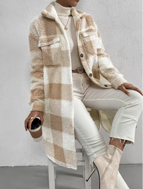 Veste à carreaux en peluche à revers ouvert pour femme, manteau long et ample, style banlieue, m300360 