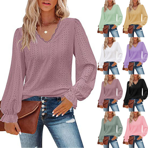 Chemise décontractée à col en V et manches plissées, automne m300647