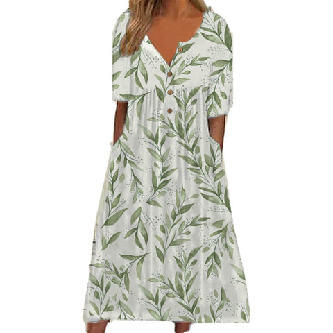 Robe imprimée à manches courtes et col en V avec poches pour femme et jupe longue m300028 