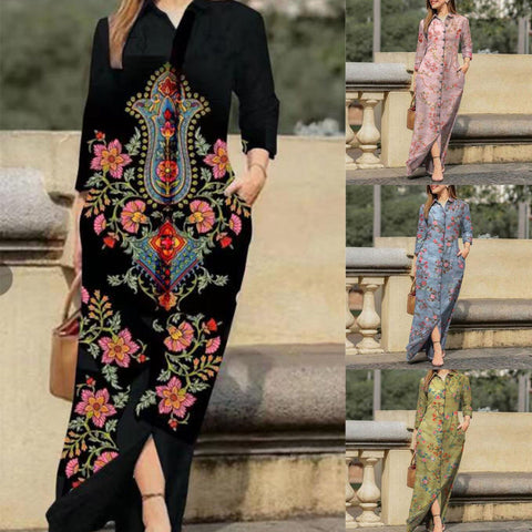Robe décontractée pour femme, imprimée, avec poches, col à revers et boutons, longueur M300186 