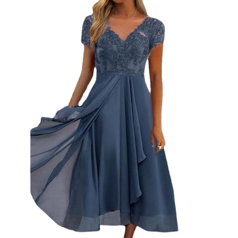 Chiffon-Spleißen V-Ausschnitt Spitze Hohlkleid m301252 
