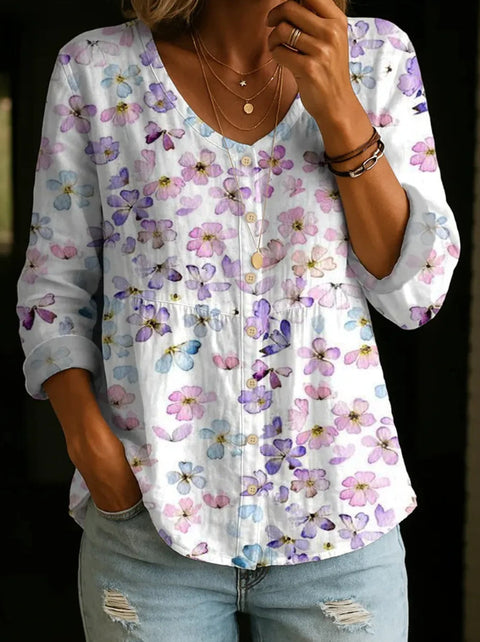 Crew Neck Women's Floral 3D Printed Women's Henley Shirt m302611